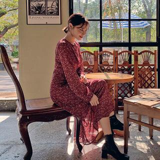 Lace-up Floral Chiffon Long Dress