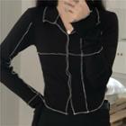 Long-sleeve Contrast Trim Top Black - One Size