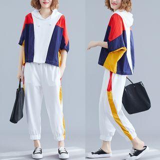 Set: Elbow-sleeve Paneled Hoodie + Sweatpants As Shown In Figure - One Size