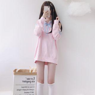 Off Shoulder Two Tone Hooded Oversize Top Pink - One Size