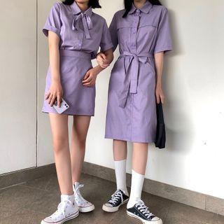 Tie Neck Short-sleeve Shirt / A-line Skirt / Short-sleeve Midi A-line Dress