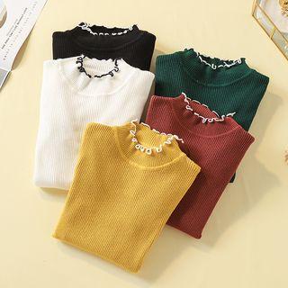 Long-sleeve Contrast Trim Ruffled Knit Top