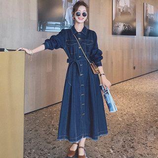 Long Sleeve Frayed Denim Midi Shirtdress