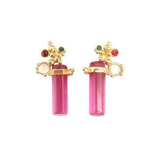 Fashion Simple Plated Gold Geometric Round Rectangular Red Cubic Zirconia Stud Earrings Golden - One Size