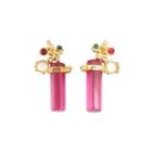 Fashion Simple Plated Gold Geometric Round Rectangular Red Cubic Zirconia Stud Earrings Golden - One Size