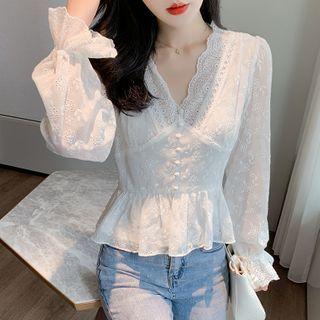 V-neck Embroidered Lace Blouse