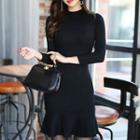 3/4-sleeve Mock Neck Ruffle-hem Mini Knit Dress Black - One Size