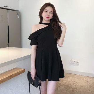 Short-sleeve Asymmetric Off Shoulder Choker Neck A-line Mini Dress Black - One Size