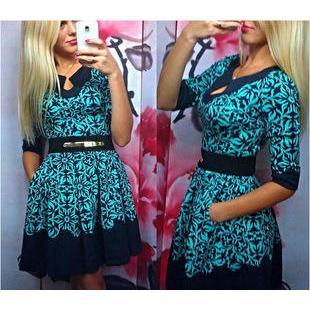 Elbow-sleeve Print A-line Dress