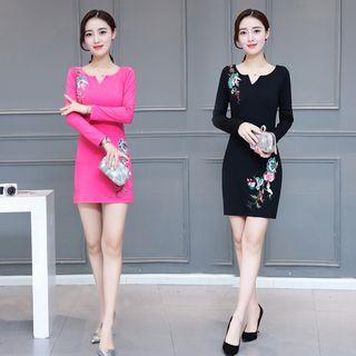 Embroidered Split-neck Long-sleeve Dress