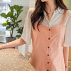 Mandarin-collar Tab-sleeve Chiffon Shirt