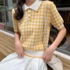 Short-sleeve Plaid Knit Polo Shirt As Shown In Figure - One Size