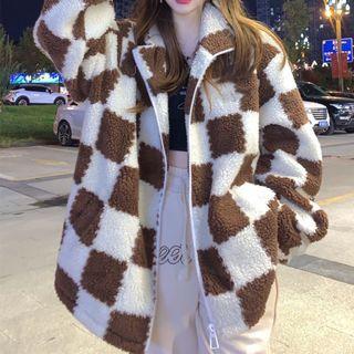 Checkerboard Fleece Zip Jacket Coffee - One Size