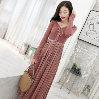 Long-sleeve Knit Panel Midi A-line Pleated Velvet Dress