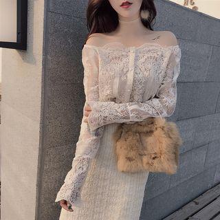 Set: Off-shoulder Long-sleeve Top + Spaghetti Strap Top