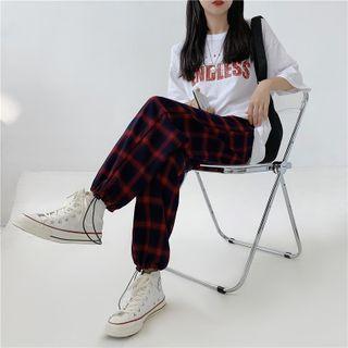 Plaid Drawstring-cuff High-waist Wide-leg Pants