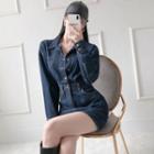 Half-placket Mini Denim Shirtdress Dark Blue - One Size
