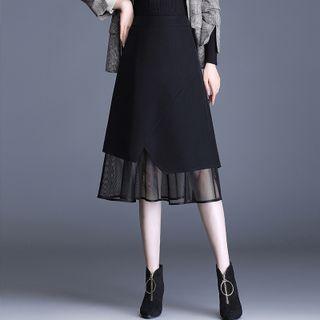 High Waist Mesh Panel Midi A-line Skirt