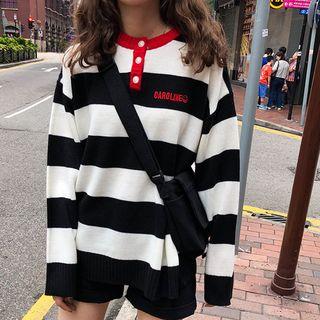 Smiley Face Embroidered Striped Sweater