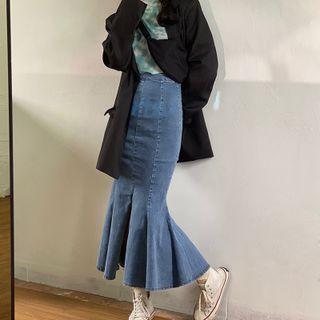 Ruffle Hem Denim Maxi Pencil Skirt