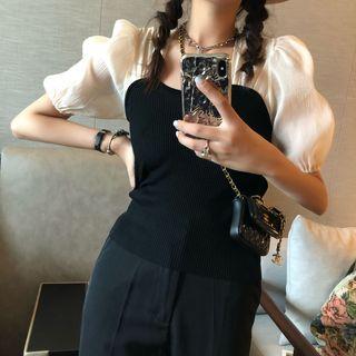 Puff-sleeve Two-tone Panel Top Black & White - One Size