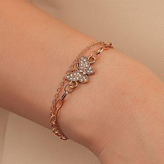 Butterfly Rhinestone Layered Alloy Bracelet 01 - Gold - One Size