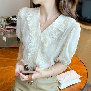 Short-sleeve V-neck Lace Panel Chiffon Blouse