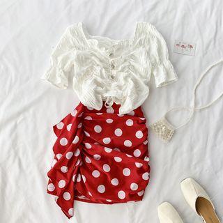 Set Of 2 : Square-neck Short-sleeve Top + Ruffle Dot Skirt