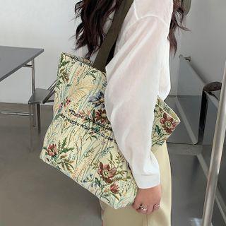 Lettering Embroidered Floral Tote Bag Beige & Green - One Size