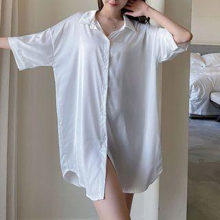 Elbow-sleeve Lettering Shirt Sleep Dress 8817 - Set - Brown Lettering - White - One Size