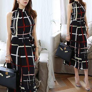 Halter Midi Plaid A-line Dress
