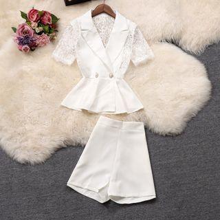 Set: Elbow-sleeve Lace Panel Blazer + Shorts