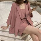 Set: Double-breasted 3/4-sleeve Blazer + Camisole Top + Shorts