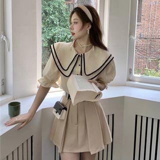 Puff-sleeve Layered Shirt / Mini Pleated Skirt