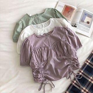 Plain Drawcord Frilled Short-sleeve Blouse