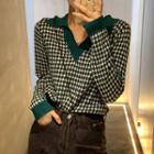 Collared V-neck Patterned Sweater As Shown In Figure - One Size