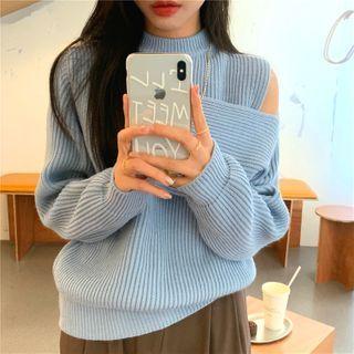 Plain Off-shoulder Loose-fit Sweater As Figure - One Size