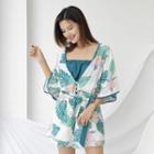 Elbow-sleeve Floral Print Playsuit With Sash
