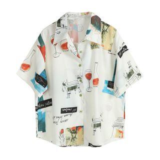 Elbow-sleeve Printed Shirt Off White - One Size