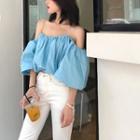 Plain Off-shoulder Puff-sleeve Cropped Blouse