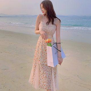 Spaghetti Strap Beaded Detail Floral Mesh Panel Midi Dress