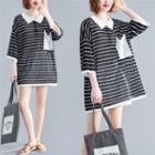 Striped 3/4-sleeve Oversize Knit Polo Shirt Stripe - Black & White - One Size