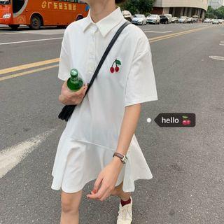 Short-sleeve Cherry Embroidered A-line Polo Dress