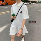 Short-sleeve Cherry Embroidered A-line Polo Dress