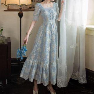 Short-sleeve Lace Trim Embroidered Midi Dress