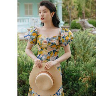 Spaghetti Strap Square-neck Floral Midi A-line Dress