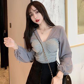 V-neck Long-sleeve Mesh Blouse