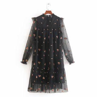 Floral Embroidered Long-sleeve Mesh Dress