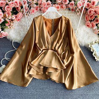 V-neck Ruffled Bell-sleeve Satin Blouse