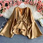 V-neck Ruffled Bell-sleeve Satin Blouse
